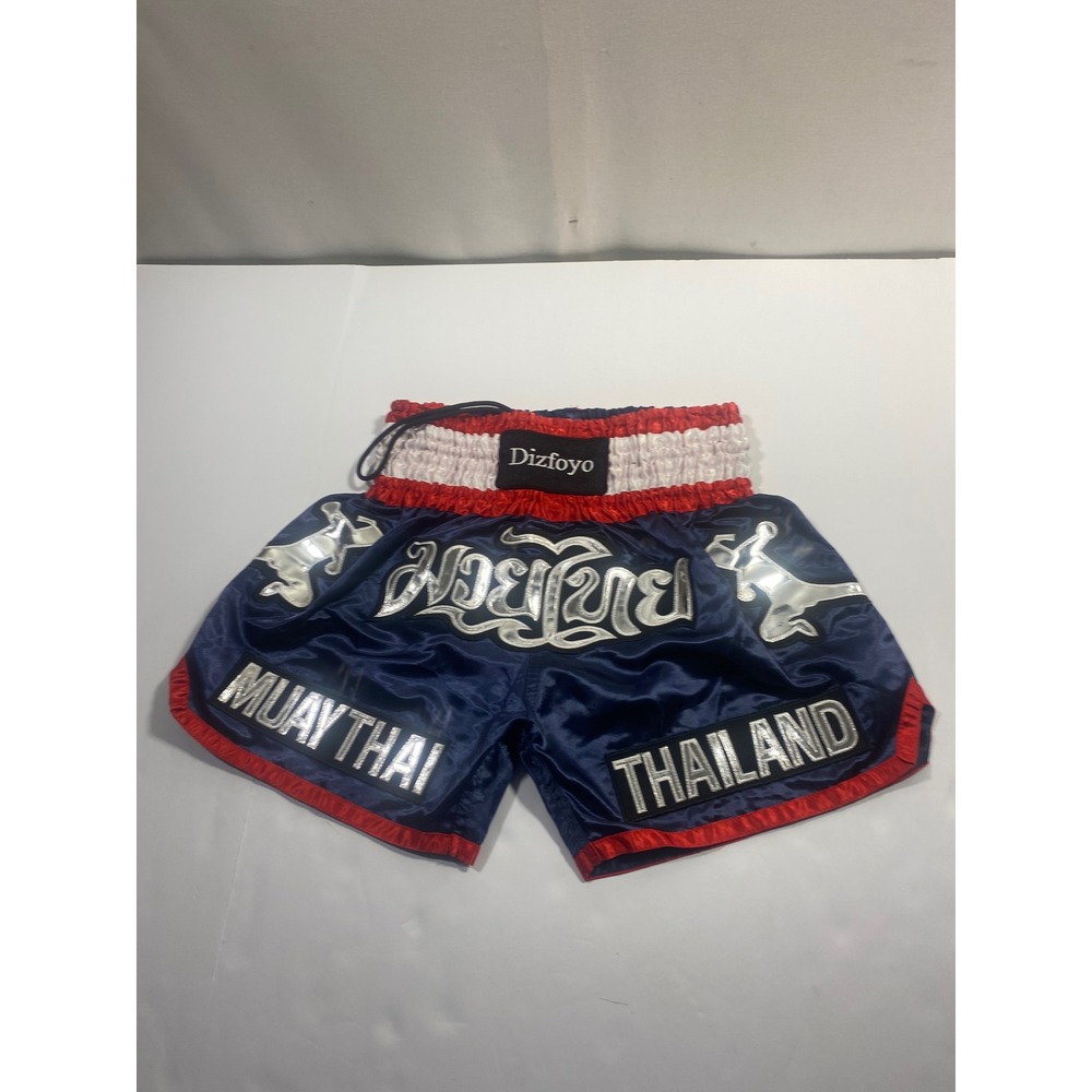Kids Muay Thai Boxing Shorts Thailand Dizfoyo Navy Blue Red Silver